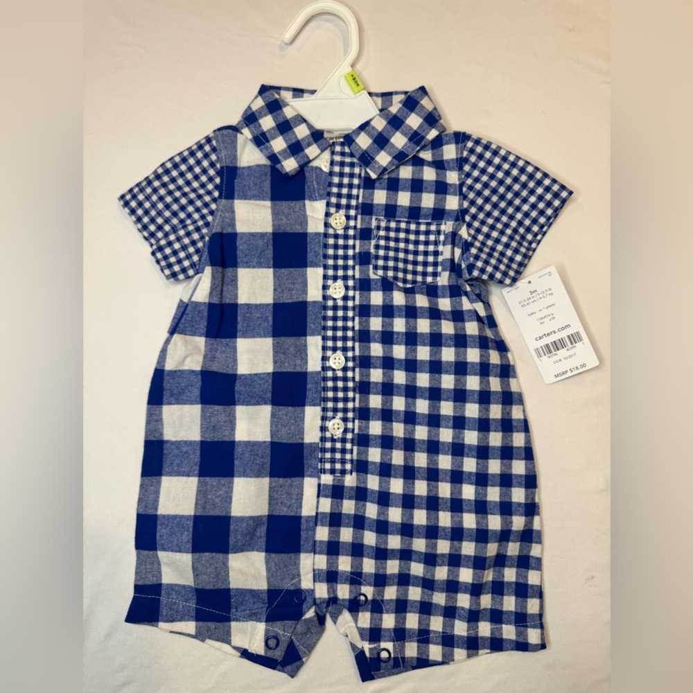 Carter's Blue and White Gingham Plaid Romper Onesie- 3 months